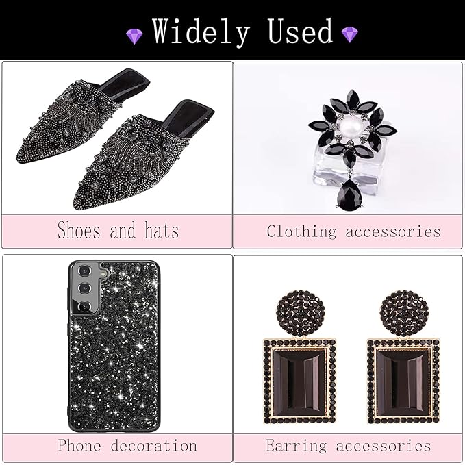 3100Pcs Flat Back Rhinestones for Nails, HOINCO Black Rhinestones for Nails, Mix 20 Styles Flatback Rhinestone/Gems, 600 Diamonds + 2500 Round Rhinestones Beads for Nail Crafts with Tweezers Pen