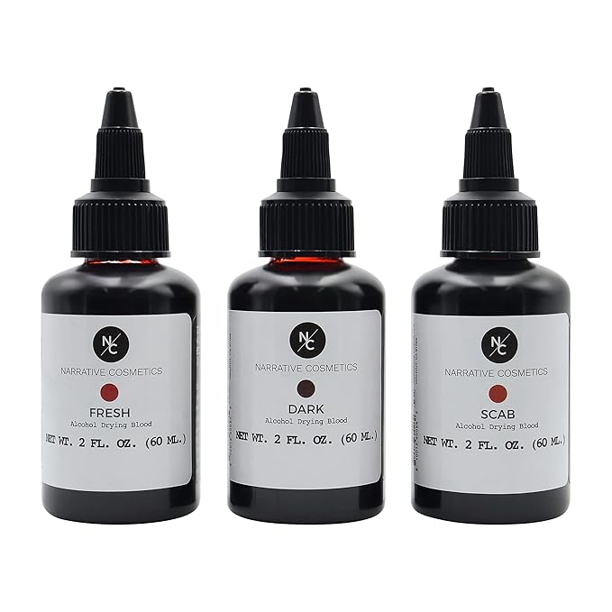 Alcohol Drying Blood, Ultra-Realistic Fake Liquid Blood, SFX Makeup for the Stage, Film, Halloween, and Cosplay - Dark, Fresh and Scab Blood Kit - 2oz Bottles