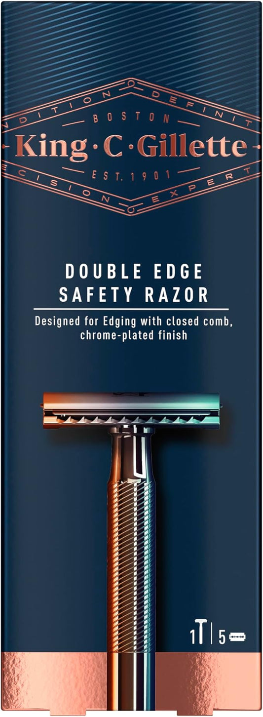 King C. Gillette Double Edge Safety Razor for Men, 5 Platinum Coated Double Edge Razor Blades, Gifts for Men