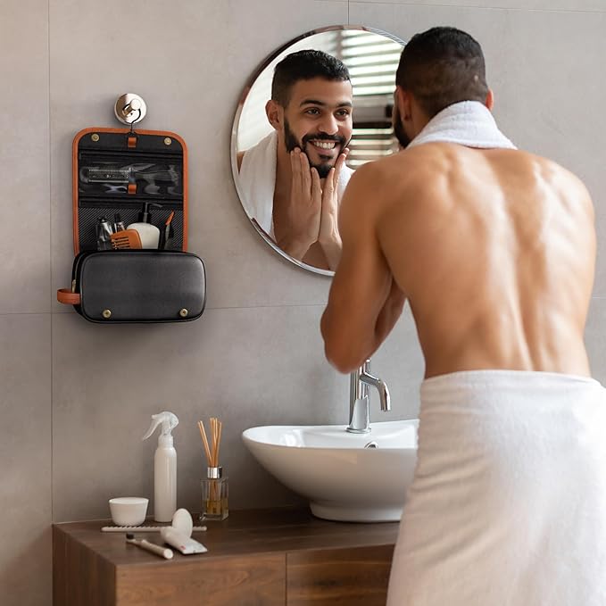 Leather Hanging Travel Toiletry Bag for Men with Removable Cover and Hanging Hook - Dopp Kit for men - Makeup Bag Organizer for Women for all your Travel Essentials