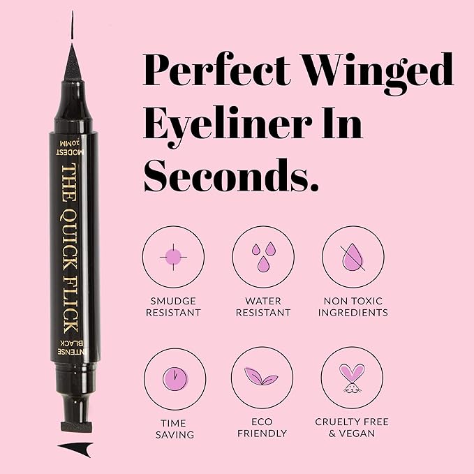 The Quick Flick Winged Eyeliner Stamp - Waterproof & Smudge Proof Vegan Cat Eye - 4mm Thick Wing & 10mm To the Point Felt-Tip Hypoallergenic Pen (Intense Black-2 Pen)