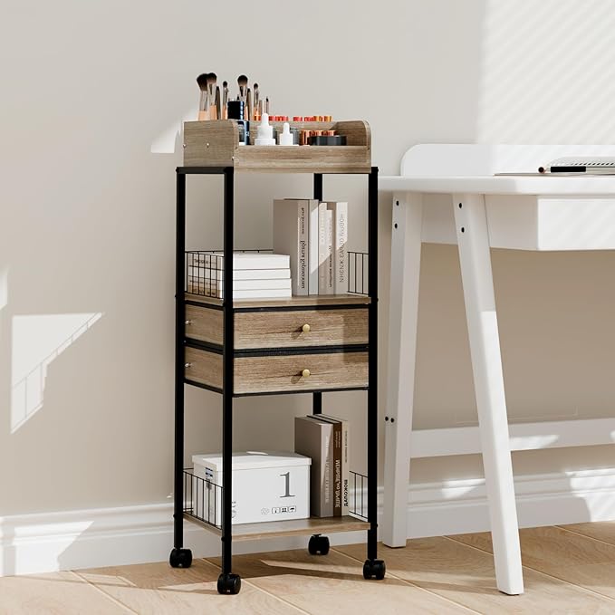 Makeup Organizer Cart Shelf Floor Skincare Organizers Make Up and Station Storage Cabinet For Vanity Standing Cosmetics With Drawers and Wheels For Nail Polish Perfume Hair Tool Beauty(Grey Oak)