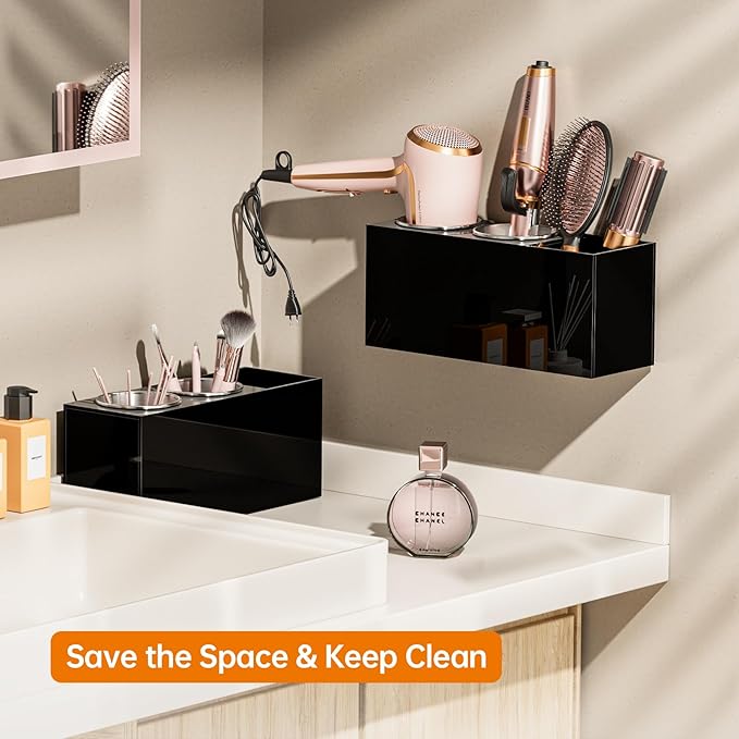 Hair Tool Organizer Acrylic: Hair Dryer Holder Wall Mount - Blow Dryer Holder Cabinet Door - Bathroom Countertop Organizer for Curling Iron Hot Styling Tools Flat Iron - Black