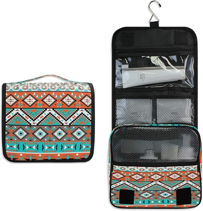Hanging Toiletry Bag Ethnic Aztec Geometric Portable Travel Cosmetic Makeup Bag Bathroom Shower Shaving Kit Organizer Bag for Men Women