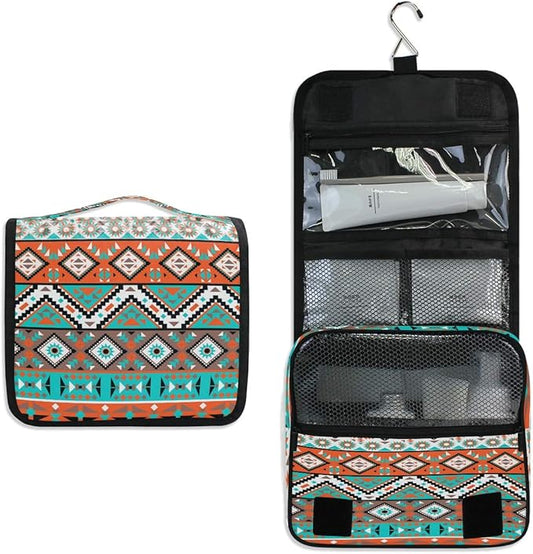 Hanging Toiletry Bag Ethnic Aztec Geometric Portable Travel Cosmetic Makeup Bag Bathroom Shower Shaving Kit Organizer Bag for Men Women