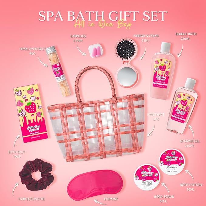 Mother's Day Gifts Spa kit for Women, Unique Gift Set for Teen Girls Tote Bag, 13pcs Strawberry Shower Gift Baskets for girls beauty fruity bath products Birthday Gifts for Daughter, Girlfriend