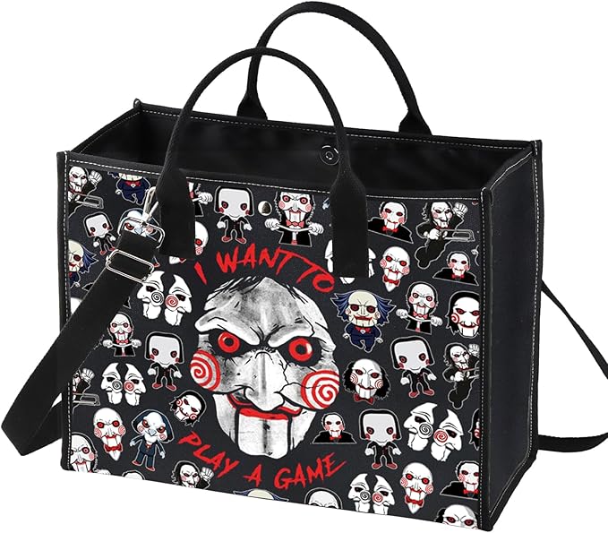 LEVLO Sadistic Thriller Tote Bag Horror Movie Fans Gift I Want To Play A GamePuzzle Horror Shoulder Bag Horror Movie Merch