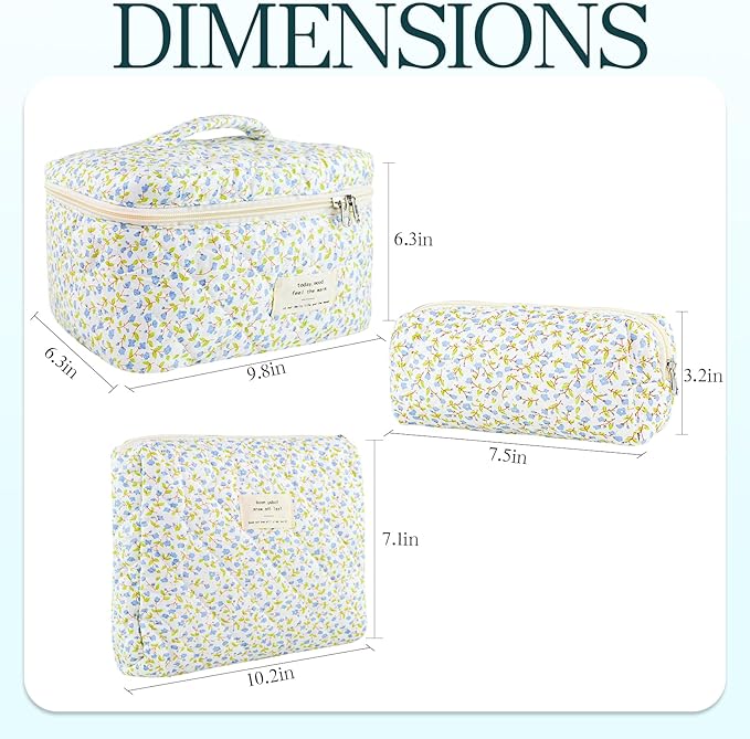 Makeup Bag, 3 PCS Quilted Makeup Bag, Cute Floral Cotton Cosmetic Bag set, Coquette Makeup Pouch Large Travel Toiletry Bag