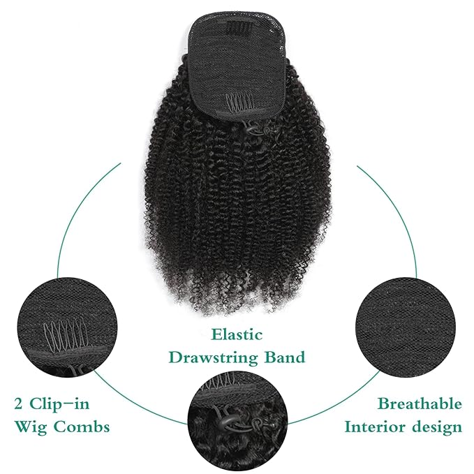 Afro Puff Drawstring Ponytail Human Hair Afro Kinky Curly Drawstring Ponytail 4C for Black Women Natural Black Extension Human Hair 12 Inch