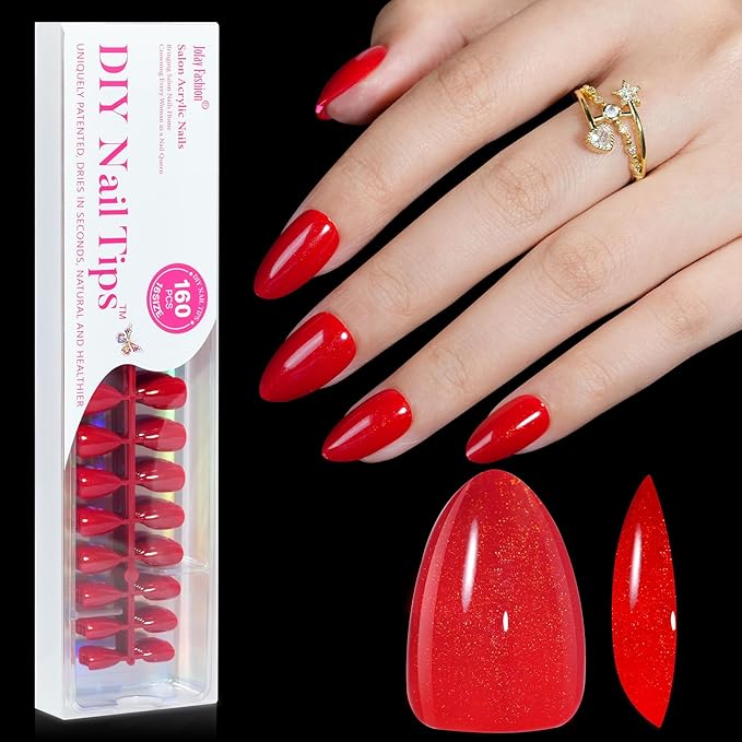 Christmas Fiery Red Press on Nails Set, 160Pcs Short Almond Fake Nails with Fine Glitter Glossy Acrylic False Nails Reusable Full Cover Stick on Nails for Women, 32 Sizes Thicker