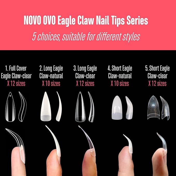504 pcs Half Cover Curved Stiletto Long Eagle Claw Nail Tips, Clear Extra Super Deep Hawk Curve False Nail Extension for Acrylic, Raptor Sharp Fake Nails Cosplay Claws 12 Sizes in Bag