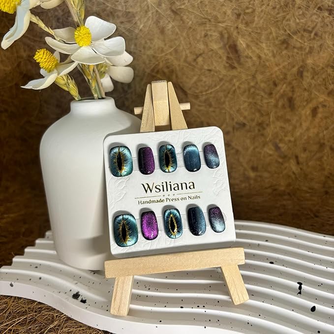 Nails Handmade Press On Nail.Magnetic Press On Nail Short Square Cat Eye Fake Nails with Charm Design,Reusable Glue On Nail for Woman Gift,Set of 10pcs Lasting Acrylic False Nail Art (012 L)