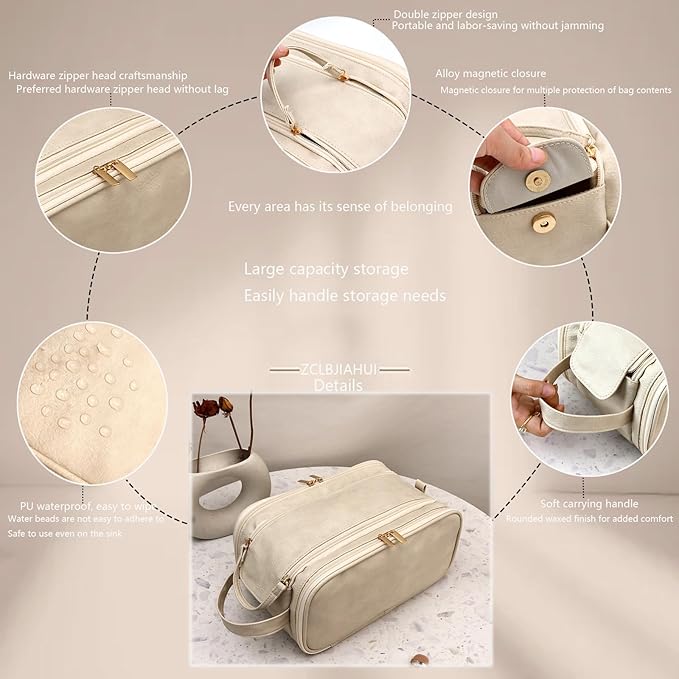 Travel Toiletry Bag for Women PU Leather Triple-layer Double Zipper Toiletry Bags,Waterproof with Handle Mens Toiletry Bag Stowable Brushes, Toiletries Makeup for Business Trips Camping Bathroom Beige