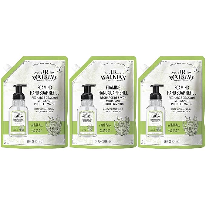 J.R. Watkins Foaming Hand Soap Refill, Moisturizing Foam Hand Wash, All Natural, Alcohol-Free, Cruelty-Free, USA Made, Aloe Green Tea, 28 fl oz, 3 Pack
