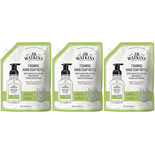 J.R. Watkins Foaming Hand Soap Refill, Moisturizing Foam Hand Wash, All Natural, Alcohol-Free, Cruelty-Free, USA Made, Aloe Green Tea, 28 fl oz, 3 Pack