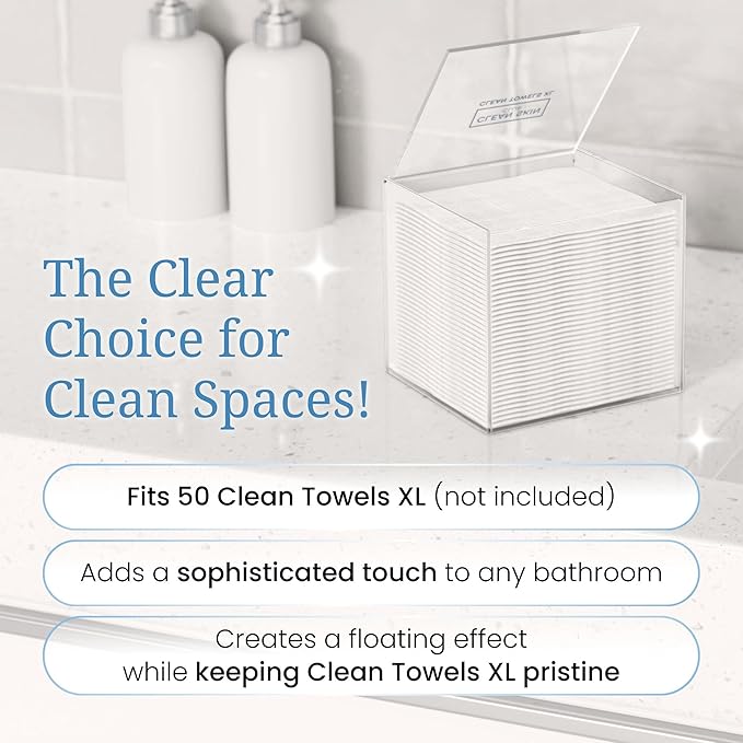 CLEAN SKIN CLUB Clear Acrylic Box for Clean Towels XL (NOT Included), Container For 50 Disposable Clean Towels XL, Face Towelettes Bathroom Counter Storage, Stone Bin for Cleansing Facial Dry Wipes