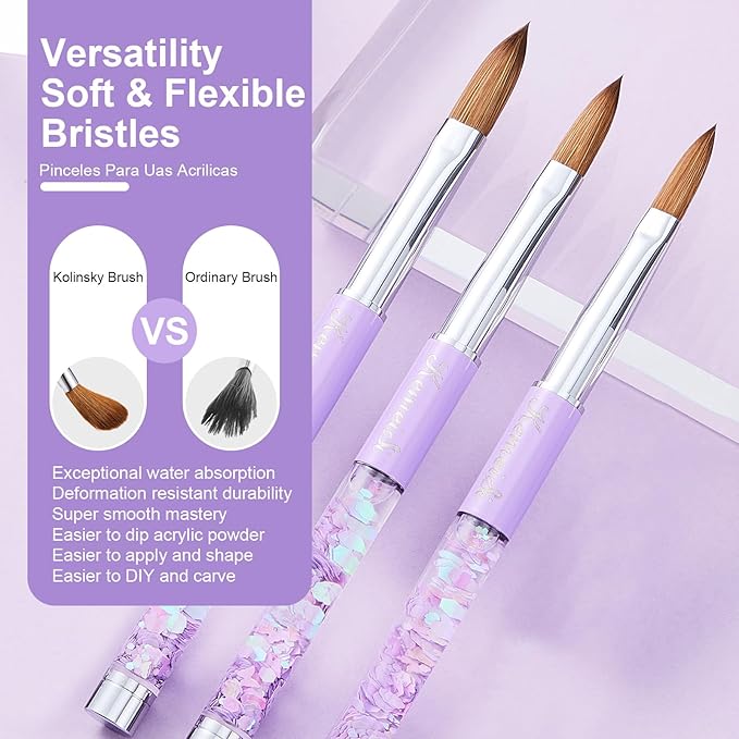 3PCS Kolinsky Nail Art Brush Set, Size 06/12/16 for Acrylic Application, Sturdy Handle Oval Shaped Powder Design Tools for Professional Manicure DIY Home