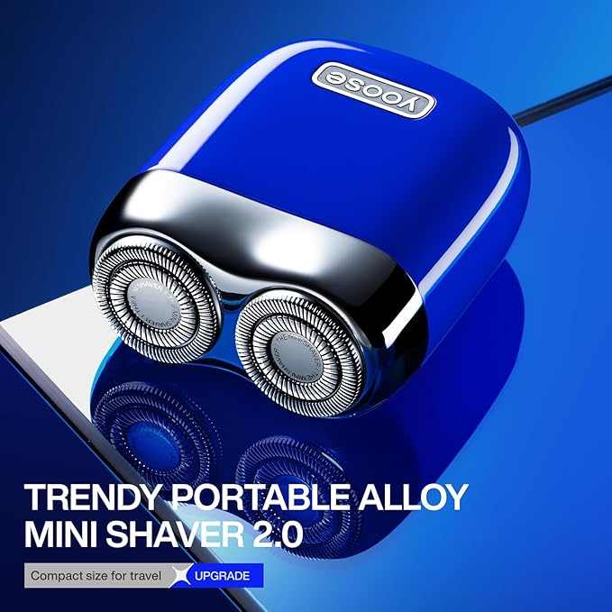 yoose Mini Electric Shaver, Alloy Portable Travel Shavers, Cordless Shaving, USB-C Rechargeable Electric Razor for Men, Dry Shave, IPX7 Waterproof, Detachable Head, Easy Cleaning, Blue