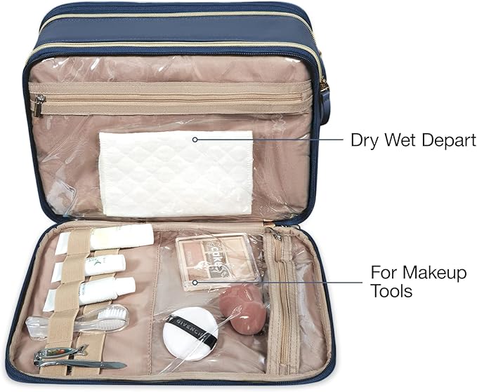 BAGSMART Toiletry Bag for Women, Large Toiletry Bag Water-resistant Makeup Cosmetic Organizer Bag for Accessories, Shampoo, Full Sized Container, Toiletries (Medium, Navy Blue)