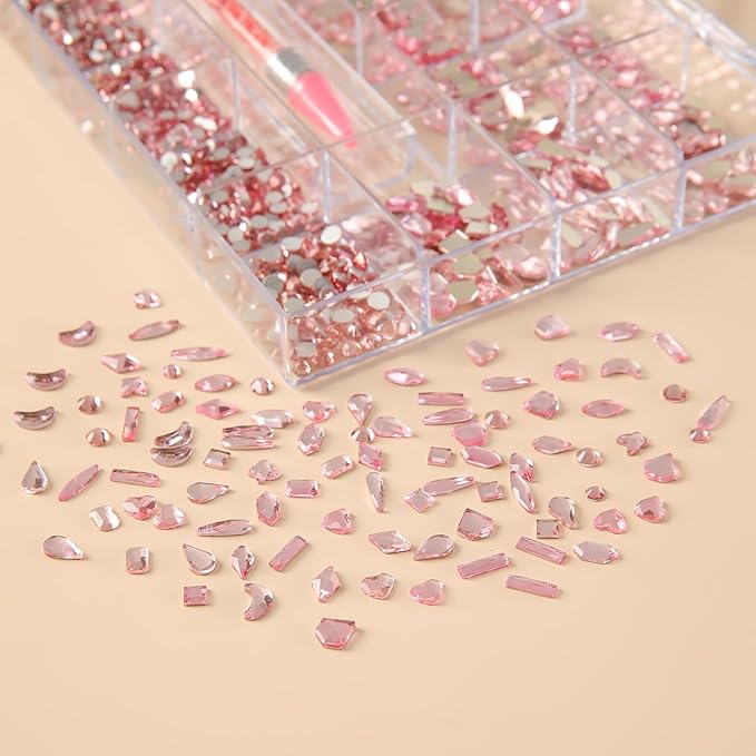 600 Multi-Shape Rhinestones + 3800 Flat Diamonds Mix 20 Styles of Flat Rhinestone Crystals 3D Decorative Flat Stone Gemstone Set + Drill Pen. Suitable for Nail Art.