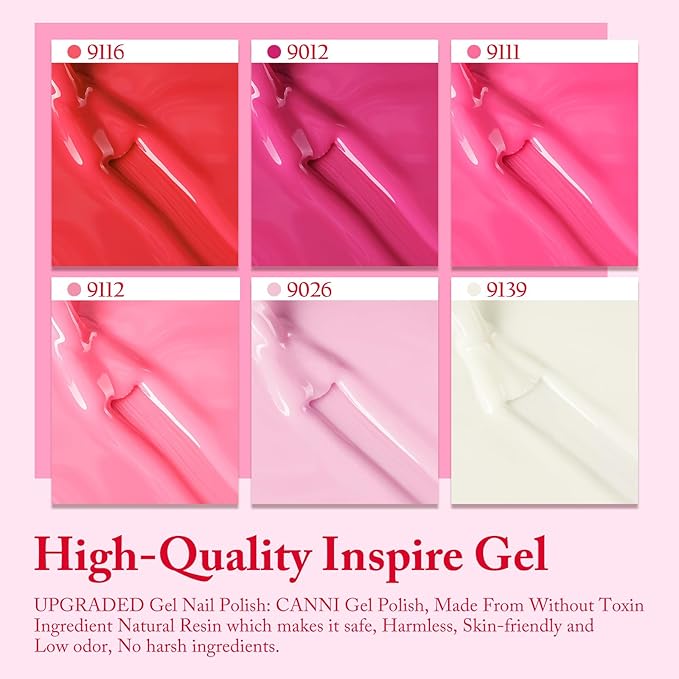 CANNI Pink Gel Nail Polish Set 6 Colors, Hot Pink Light Bright Pink Magenta Tones Craze Nail Art Design at Home DIY Soak off UV LED Manicure French Nail Salon