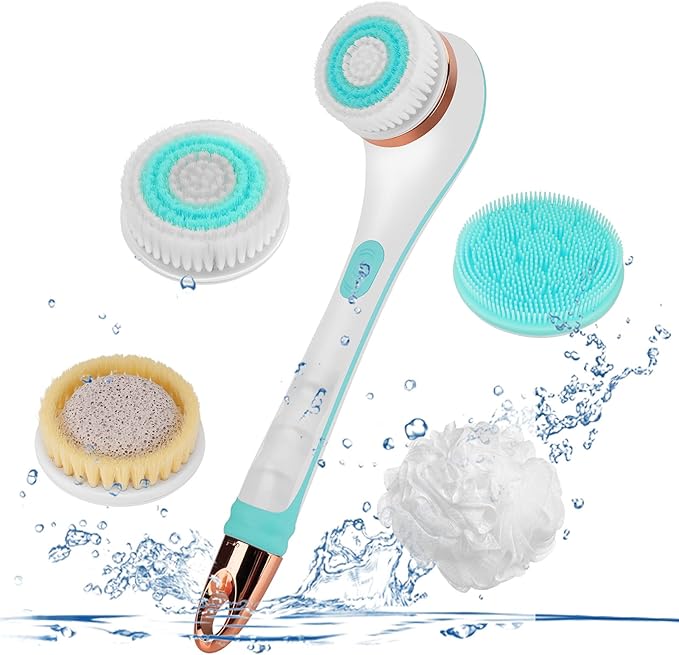 Color You Electric Body Brush for Exfoliating and Massage, Long Handle Electric Bath Brush Rechargeable Body Scrubber, Soft Silicone Spinning Skin Brush with 4 Spin Brush Heads for Man and Women