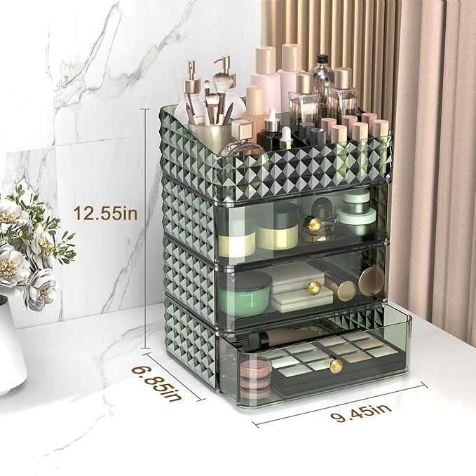 Makeup Organizer for Vanity, Stackable Cosmetics Organizer and Storage, Cosmetic Display Cases with 3 Drawers and 1 Tray for Makeup Brush, Hair Accessories, Lipstick and Jewelry, Green