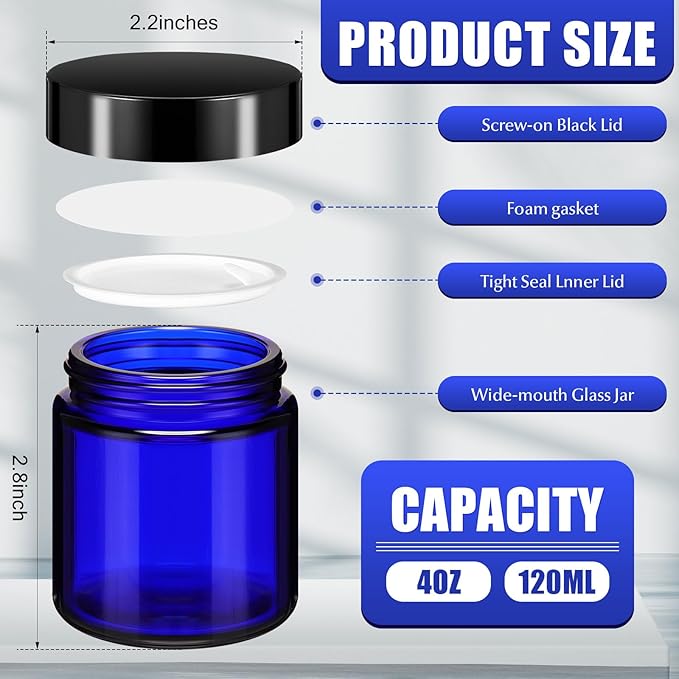 Norme 96 Pcs 4 oz Glass Jars with Lids Leakproof Round Airtight Empty Cosmetic Jars with Inner Liners Lid for Storing Lotions Powder Ointments Candle Making(Black, Blue)