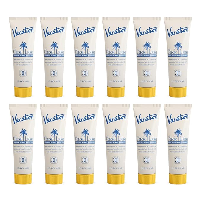 Vacation Mini Classic Sunscreen SPF 30, Water-Resistant, Bulk Suntan Lotion, Bachelorette Party Favors, Beach Must Haves, Traveling Essentials, Travel Size, 1 Fl. Oz. (Value Pack of 12)