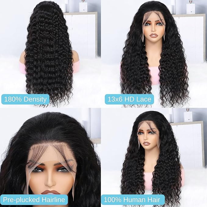 34inch 13x6 Deep Wave Lace Front Wigs Human Hair Pre Plucked 200% Density Deep Curly Lace Front Wigs Human Hair HD Transparent Deep Wave Frontal Human Hair Wig for black women with Baby Hair