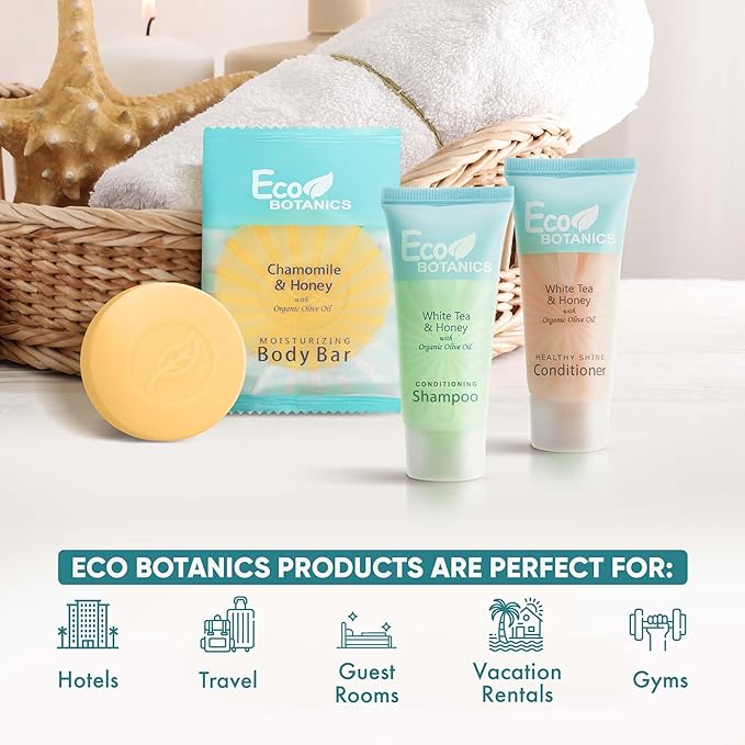 Eco Botanics Soaps & Toiletries Bulk Set | 1-Shoppe Amenities Kit for Hotels & Vacation Rentals | 0.85 oz Shampoo & Conditioner, 0.89 oz Bar Soap | Travel Size | 150 Pieces