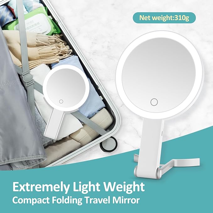 B Beauty Planet 30x/1x Magnifying Travel Mirror with Light, Double-Sided Rechargeable Adjustable Brightness 3 Colour Lighting, Folding, Handheld/Hangable/Tabletop, 3 Ways Using Mirror, White