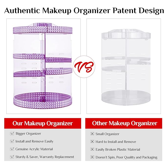 Makeup Organizer 360 Degree Rotating Cosmetic Storage Organizer, Acrylic Make Up Organizer, Large 7 Layers 360 Makeup Organizer, Fits Makeup Brushes, Lipsticks, Bathroom, Vanity, X-Large Purple