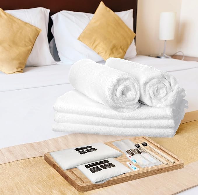 Uiifan 30 Sets Basic Toiletry Homeless Personal Set Disposable House Slippers Disposable Towel Washcloth face Cloths Disposable Toothbrush with Toothpaste Individually Wrapped for Spa Hotel Camp Hike