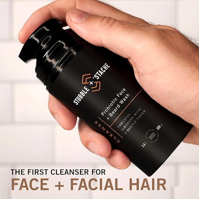 stubble & stache Face Wash and Beard Wash for Men – Daily Facial Cleanser with Niacinamide, Aloe Vera, Green Tea, and Probiotics – Fragrance-Free – 3.4 fl oz