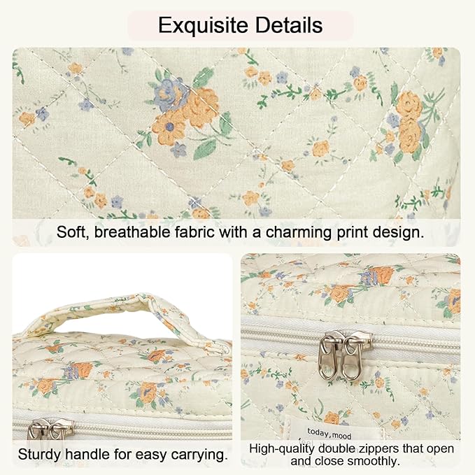 3Pcs Cotton Quilted Makeup Bag for Women Girls, Large Floral Cosmetic Bag Set Cute Makeup Brushes Aesthetic Accessories Storage Bag Yellow Daylily Flower Travel Toiletry Bag Organizer