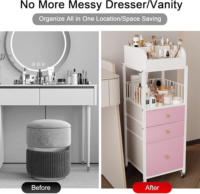 Makeup Organizer Cart with Drawers, Make up Organizers for Vanity, Floor Skincare Organizers- for Cosmetics, Nail Polish, Art Supply, Bathroom Vanity Desktop Organizer (White)