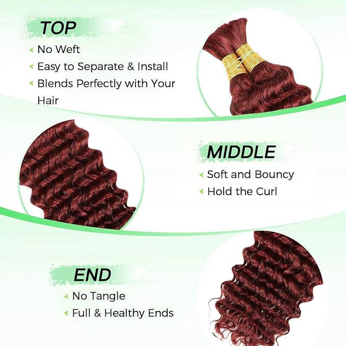 Human Braiding Hair for Boho Braids Human Hair 100g 14 Inch Curly Boho Hair for Braiding Knotless 12A Deep Wave Bohemian 2 Bundles/Pack Copper