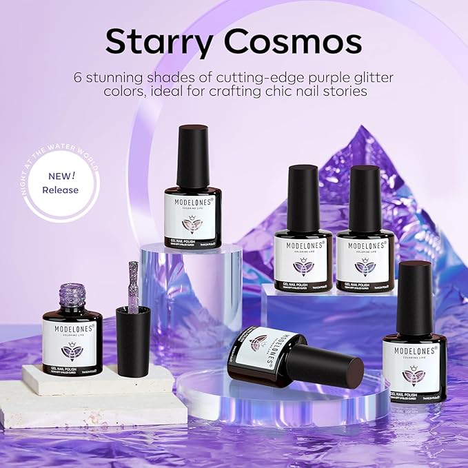 Modelones Purple Glitter Gel Nail Polish Set, 6 Colors Shimmer Violet Mermaid Gel Nail Cat Eye Sparkle Soak Off Led Nail Polish for Women Girl DIY Nail Art Gift