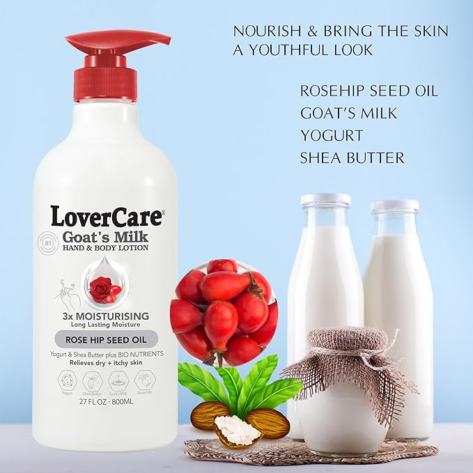 Lover's Care Goat Milk Body Lotion for Dry Skin 27 fl oz (800ml) Rose Hip Seed Oil - Single…