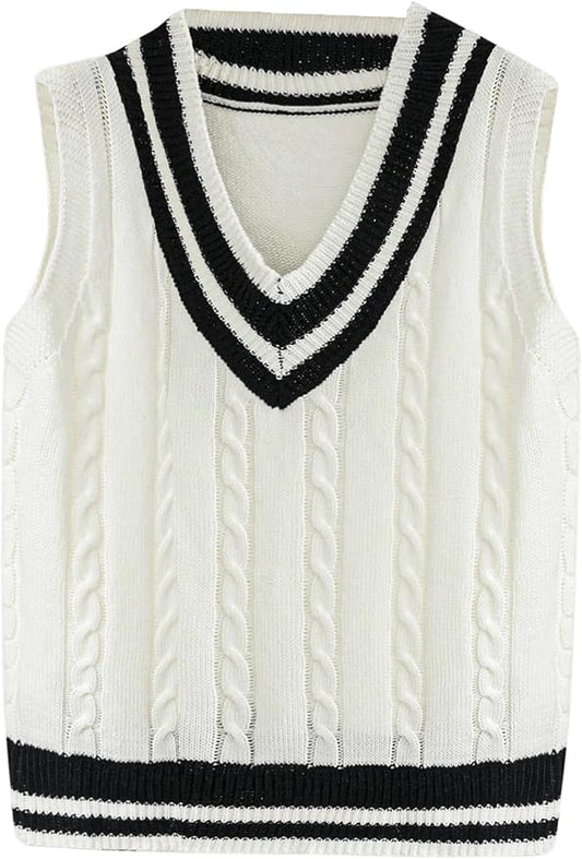 Floerns Women's V Neck Letter Striped Trim Sleeveless Sweater Vest Knit Top