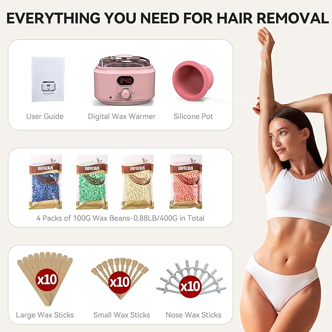 Waxing Kit for Women Men, Digital Wax Kit with Silicone Bowl & 4 Bags Hard Wax Beads, Portable Wax Warmer for Sensitive Skin Full Body Hair Removal, Brazilian Bikini, Eyebrow, Face (Pink)