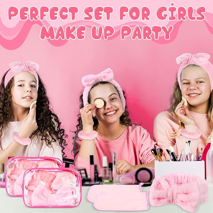 24 Pieces Sleepover Party Supplies Spa Party Favors 6 Spa Headband 6 Velvet Scrunchies 6 Makeup Remover Cloth 6 Clear Cosmetic Bags for Slumber Gift(Pink)