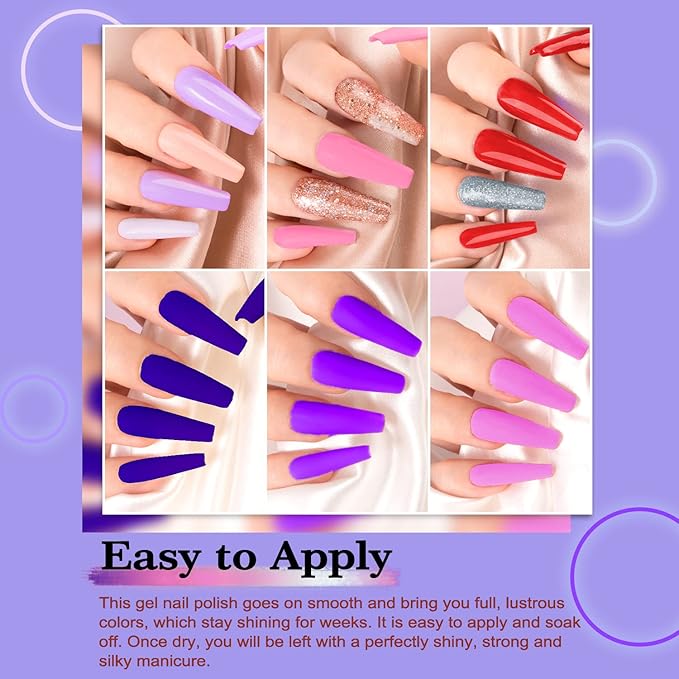 Lavender Violets 42 Pcs Gel Nail Polish Kit Set with 36 Colors Coat, 6 Bottles of Base top Coat, Glossy Matte Diamond Shine Glow in the Dark Top Coat for Nail Art C951