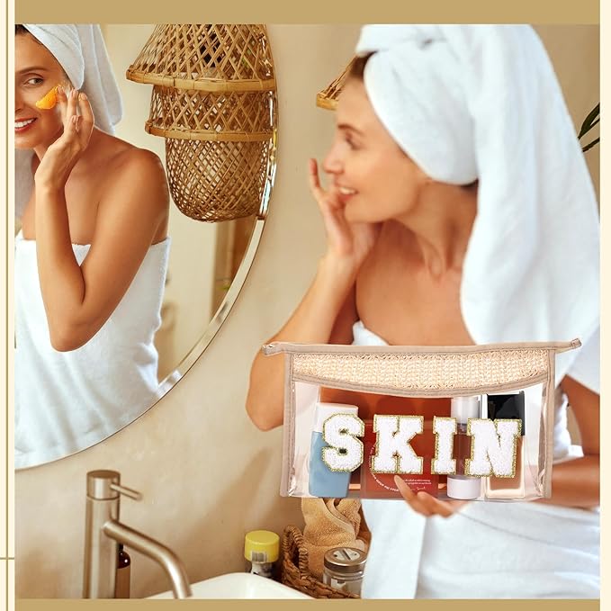 Sanwuta 4 Pieces Preppy Patch Makeup Bag Skin Face Sun Stuff Bag Chenille Letter Clear Straw Cosmetic Bag Waterproof Nylon Toiletry Bag Portable Travel Organizer Zipper Transparent for Women