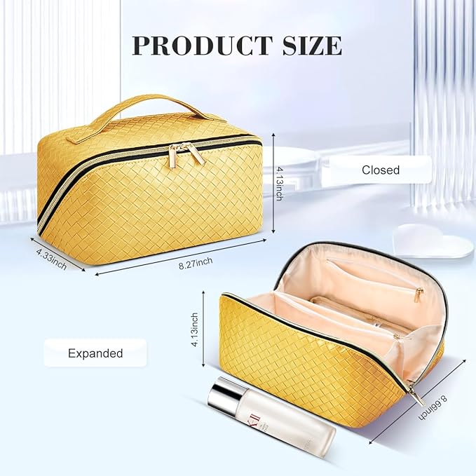 Travel Makeup Bag: Large Capacity Cosmetic Bag for Women, Portable PU Leather Waterproof Stuff Bag With Handle and Divider Flat Lay Makeup Pouch Toiletry Bag Birthday Gift for Women - Yellow