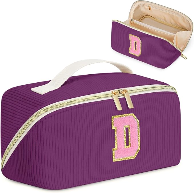 Gifts for Girls, Initial Travel Makeup Bag Women's Day Gift Make up Bag Cosmetic Bags Monther's Day Gifts, Personalized Stuff Bag Cute Makeup Bag Birthday Gifts for Women/Friend/Mother Deep Purple - D