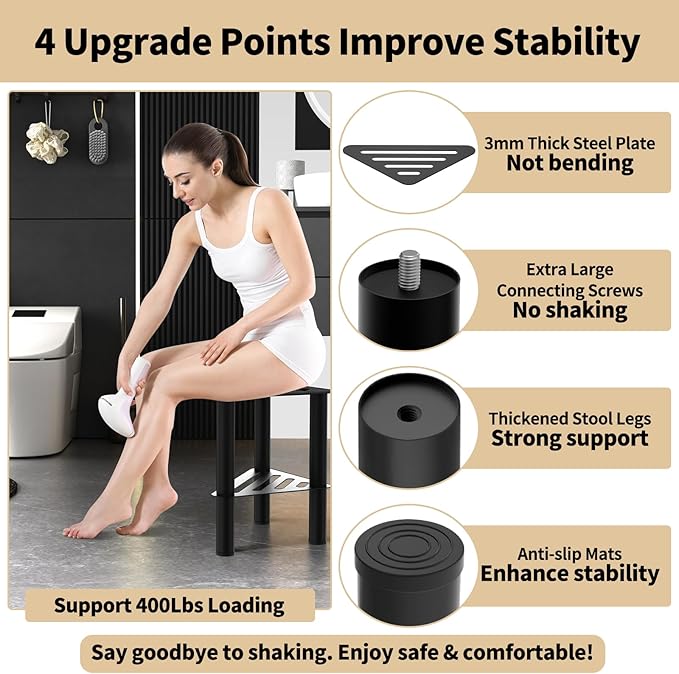 Metal Corner Shower Foot Stool for Shaving Legs, Shower Foot Rest Bench for Inside Shower with Storage Shelf, Small Step Stools, Waterproof Non-Slip Bath Stool to Sit (Black)