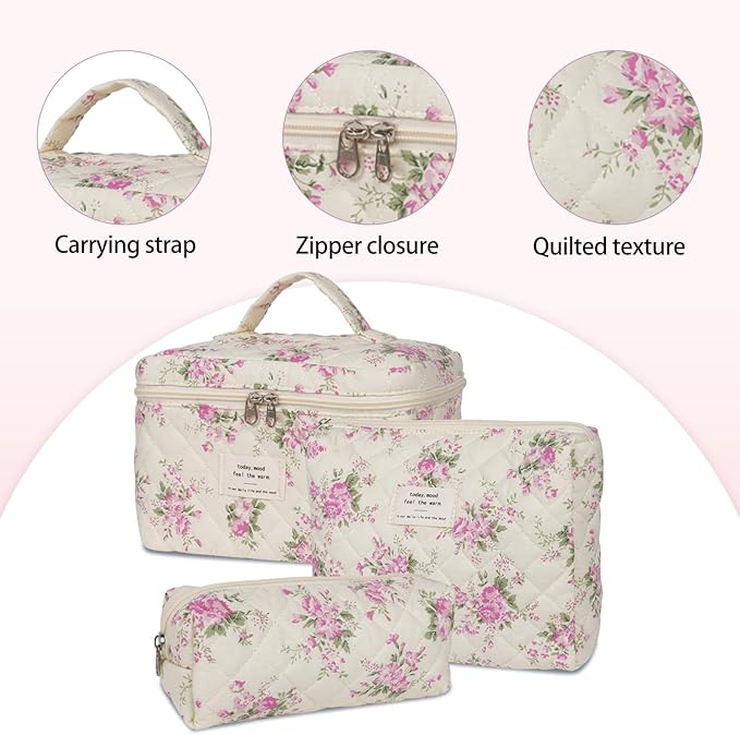 Quilted Makeup Bag,Large Cosmetics Bag Set,Cotton Coquette Floral Make up Pouch,Travel Toiletry Bag for Women
