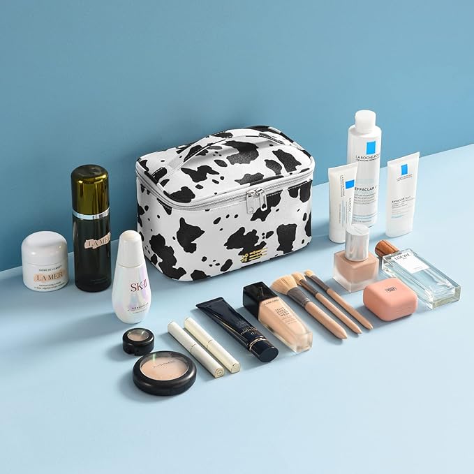 MIRASON Makeup Bag Travel Toiletry Bag for Women, Cute Make Up Bag Set of 3 for Purse Pouch Zipper Makeup Organizer Bag PU Leather Washable Waterproof Cosmetic Bag (Cow Print)